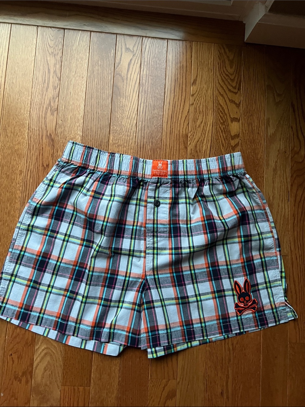 Psycho Bunny Men's Plaid Cotton Shorts in Blue and Orange
